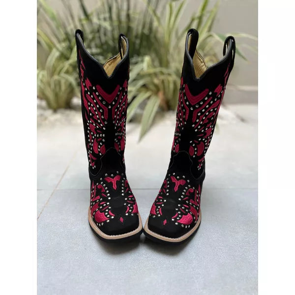BOTA TEXANA EM COURO PRETO BORDADO VERMELHO + METAIS - Imagem 2